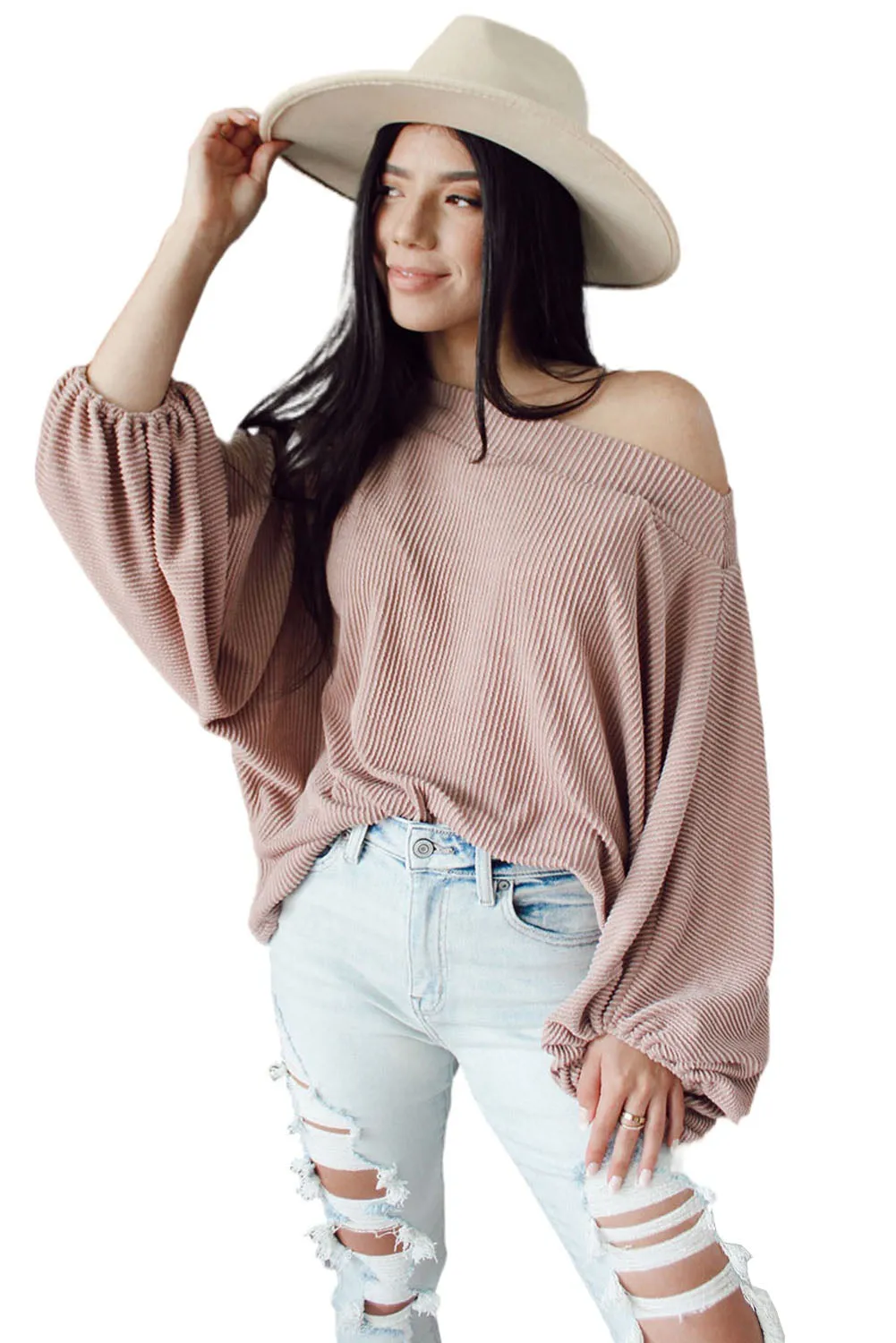 Pink One-Shoulder Balloon Sleeve Ribbed Blouse