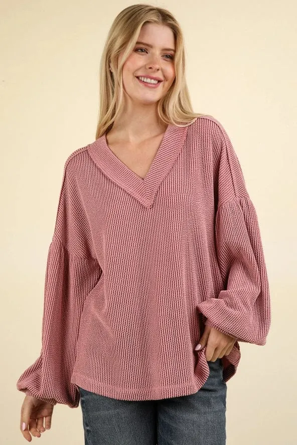 Pink Oversized Ribbed V-Neck Long Sleeve