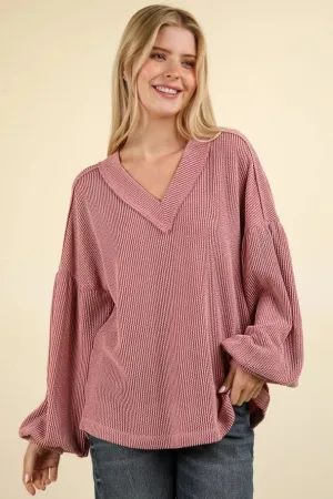 Pink Oversized Ribbed V-Neck Long Sleeve