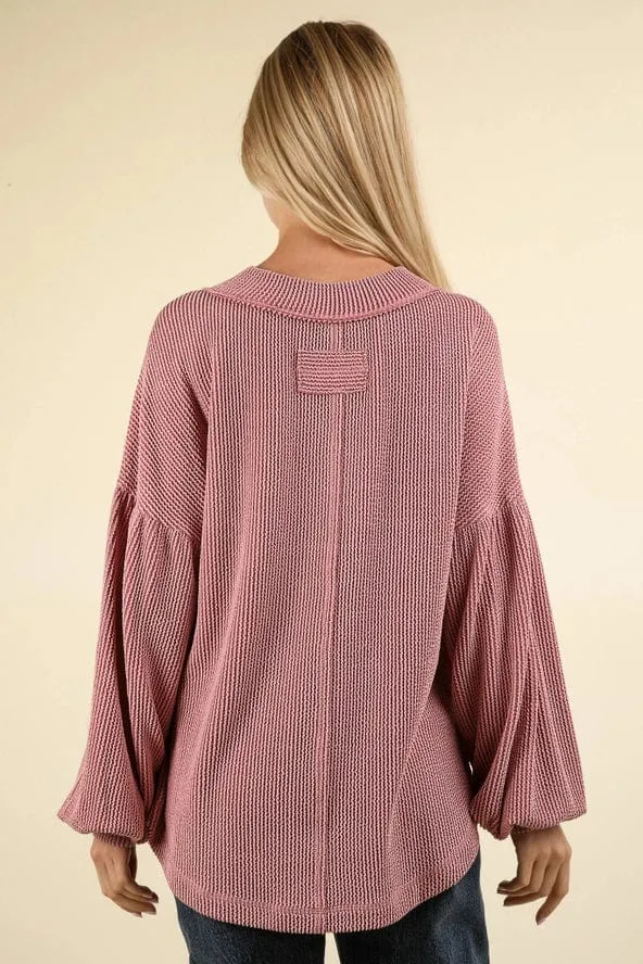 Pink Oversized Ribbed V-Neck Long Sleeve