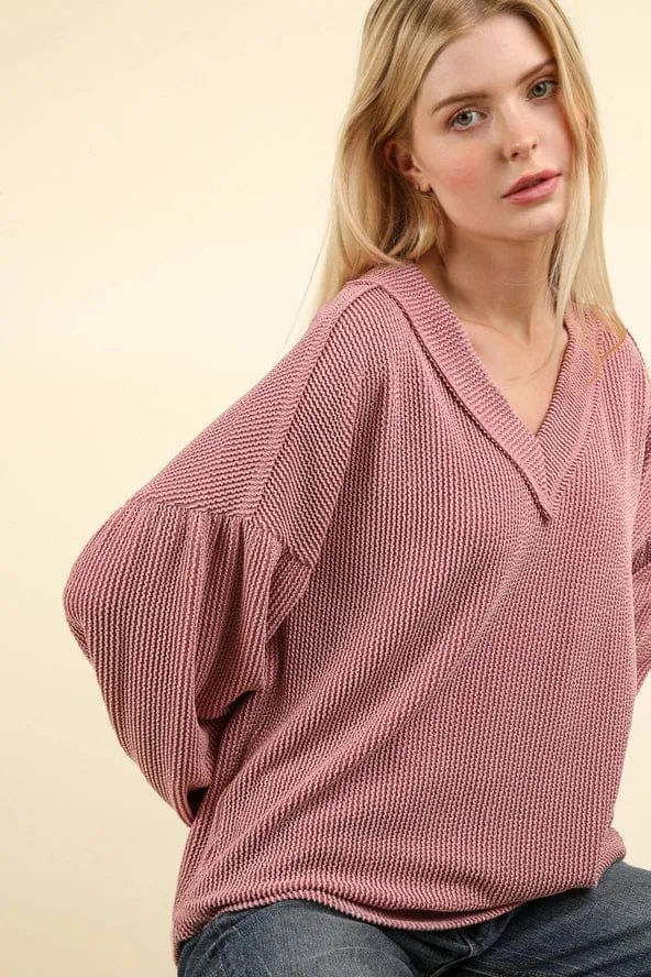 Pink Oversized Ribbed V-Neck Long Sleeve