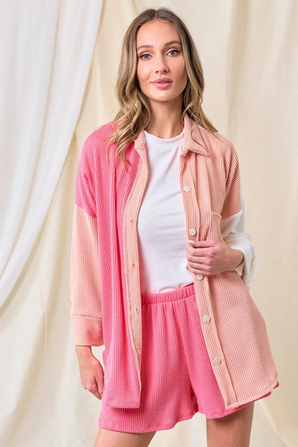 Pink Ribbed Colorblock Textured Shacket