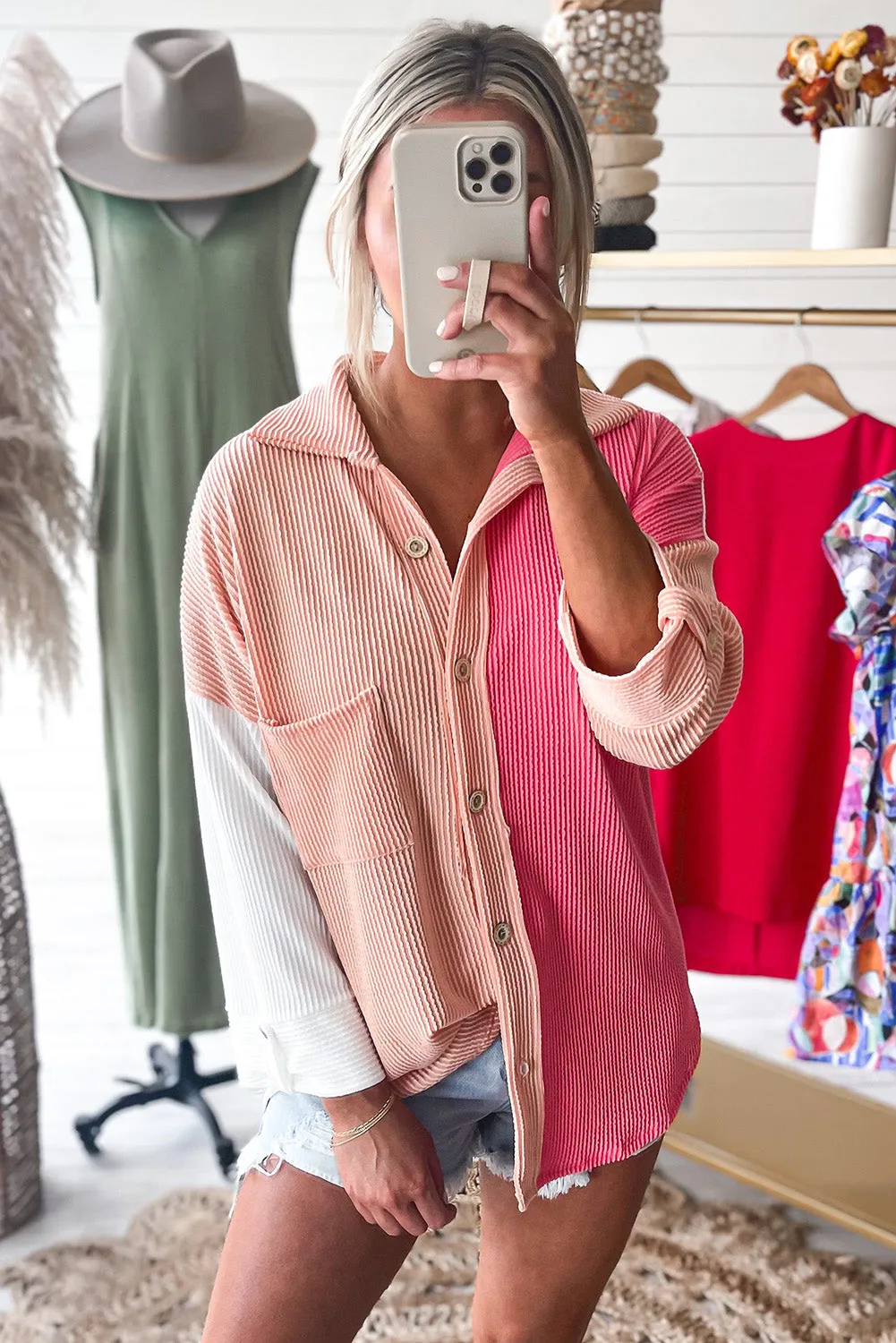 Pink Ribbed Colorblock Textured Shacket