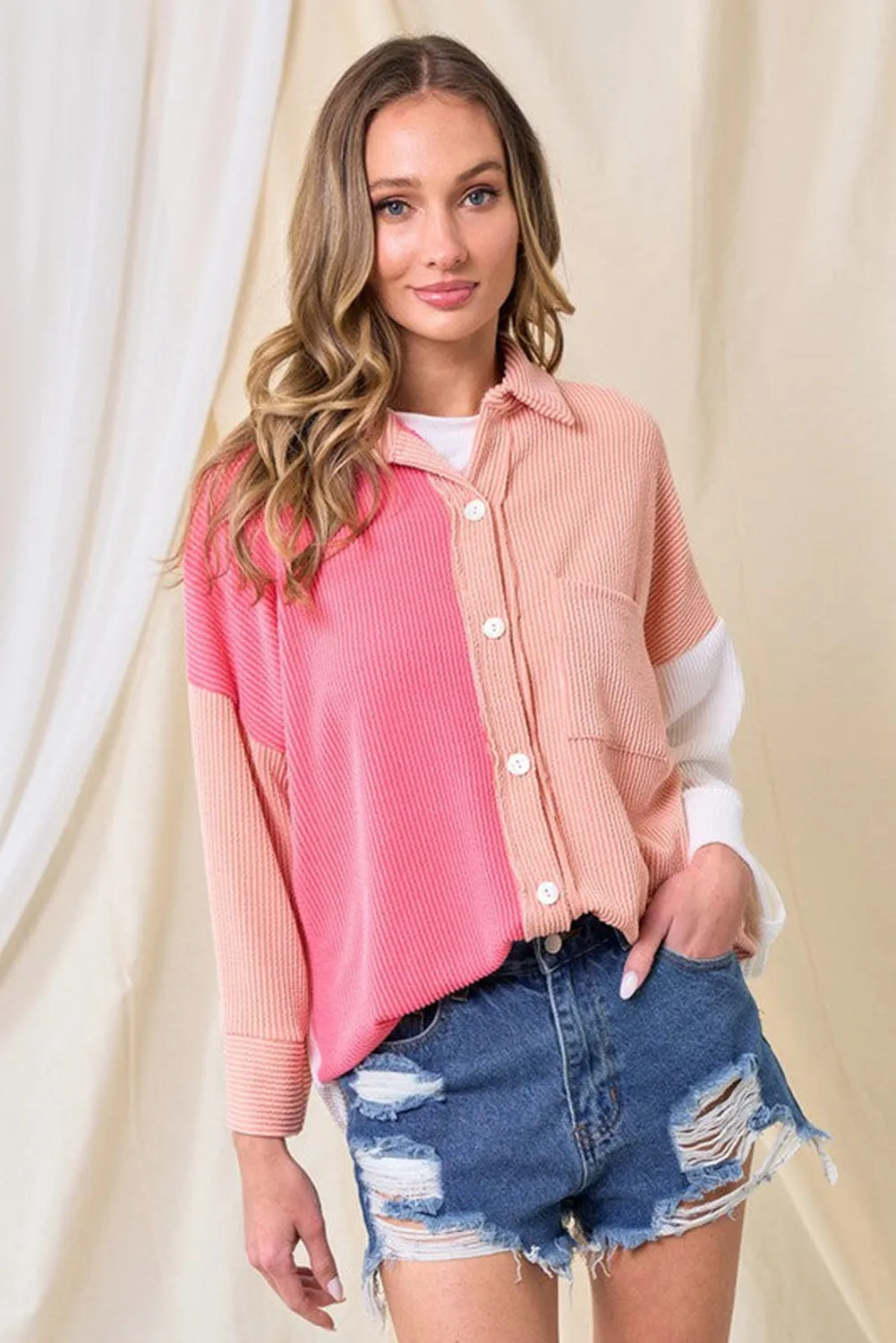 Pink Ribbed Colorblock Textured Shacket