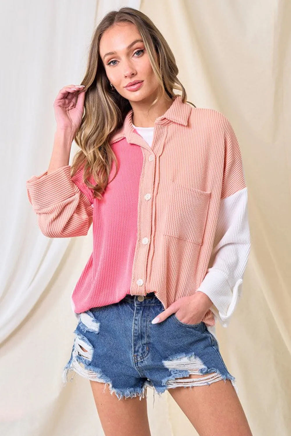 Pink Ribbed Colorblock Textured Shacket