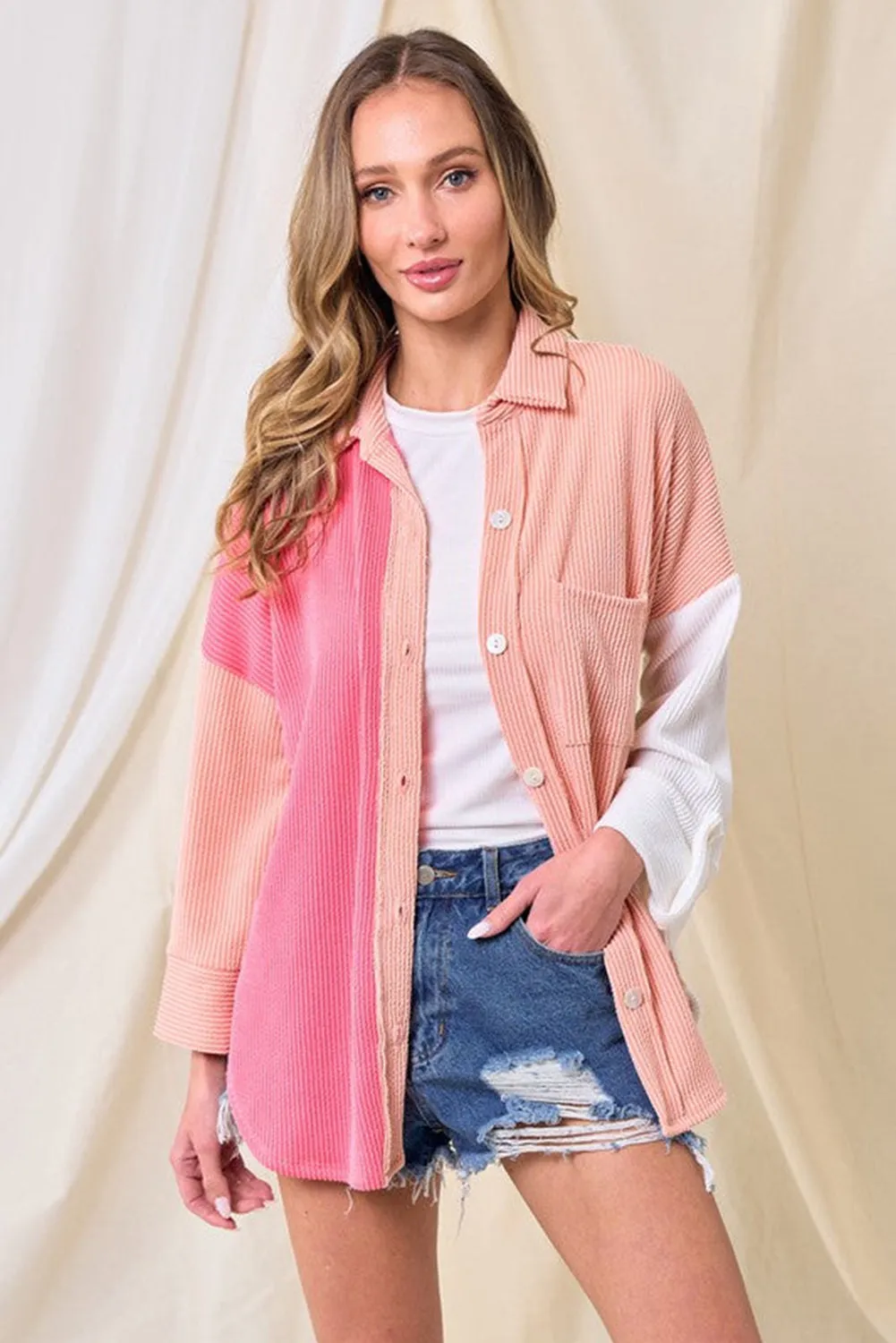 Pink Ribbed Colorblock Textured Shacket
