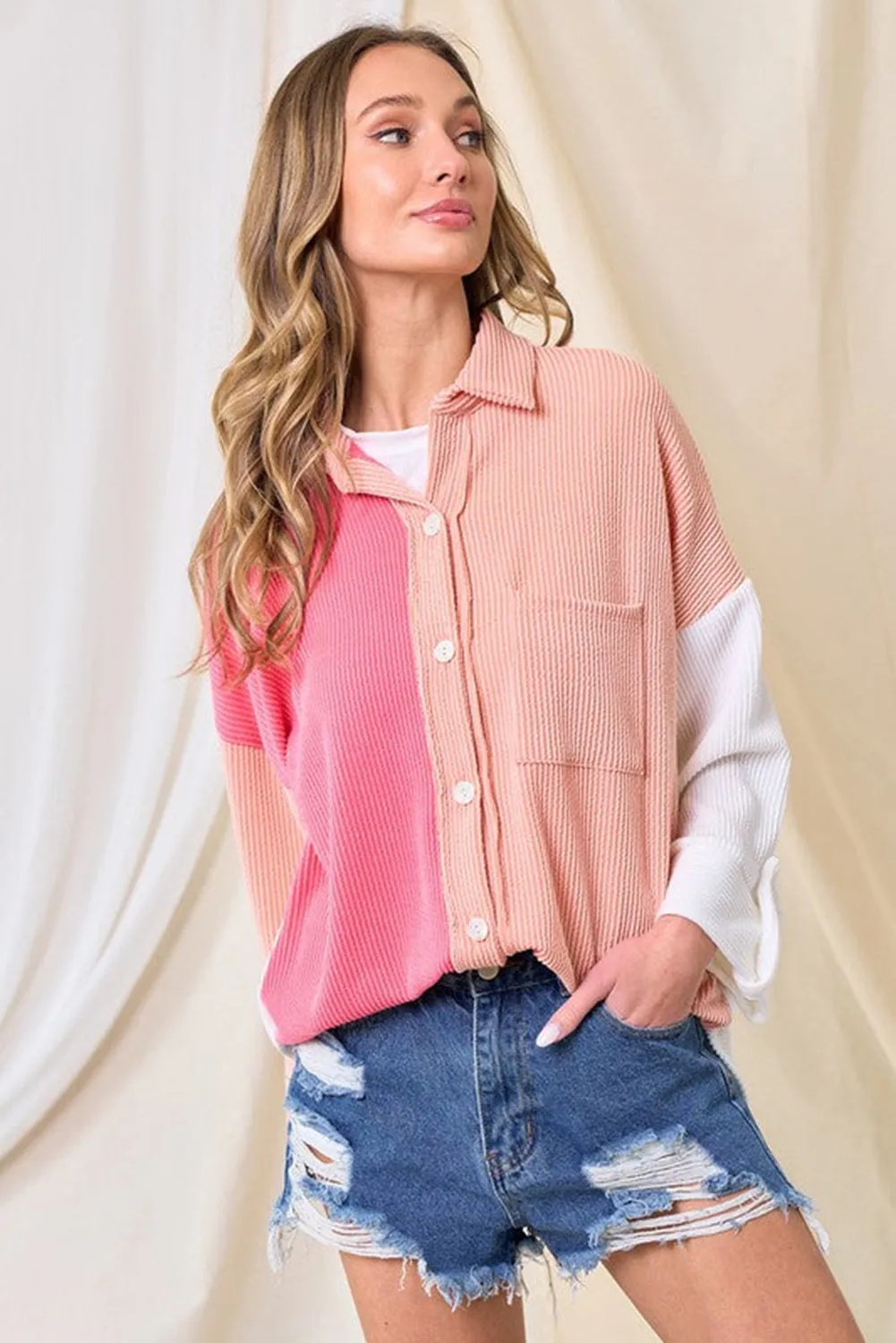 Pink Ribbed Colorblock Textured Shacket
