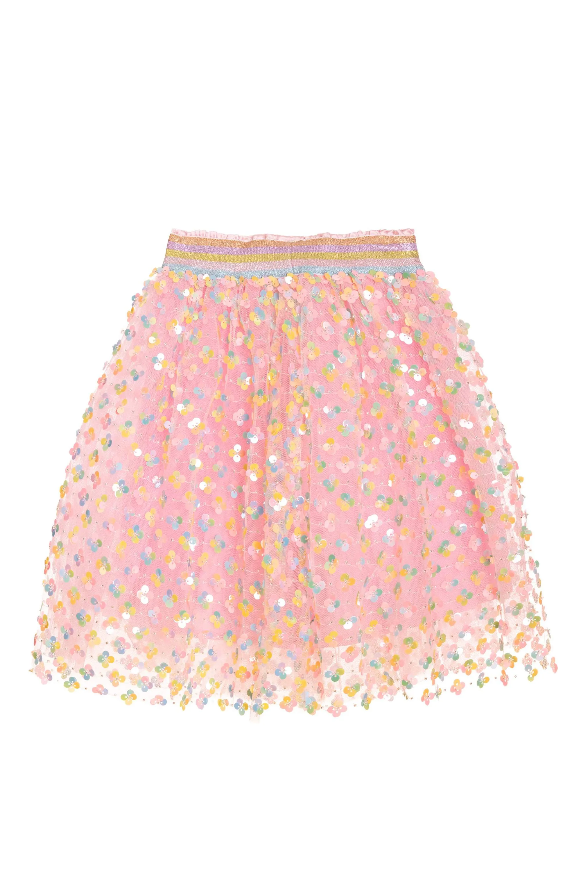 Pink sequin tulle skirt with mulitcolor elastic waist