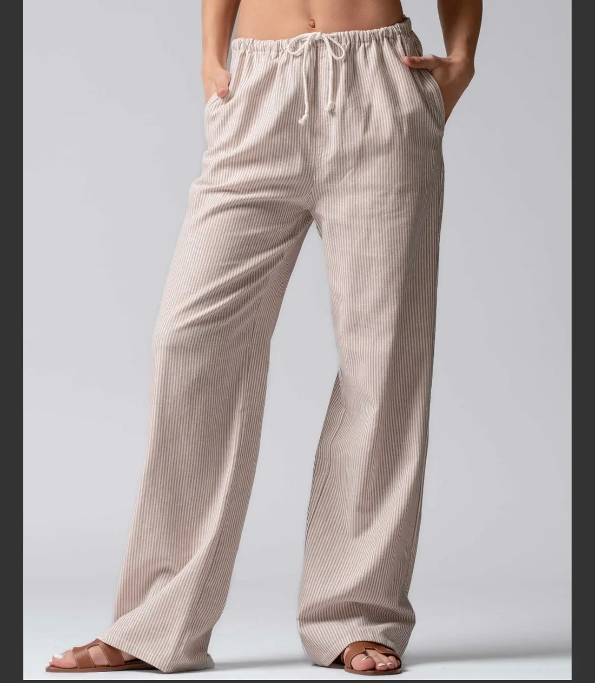 Pinstripe Drawstring Lounge Pants Available In Light Pink And Light Khaki