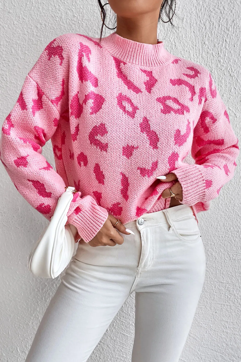 Pirouette Leopard Pattern Mock Neck Ribbed Trim Sweater