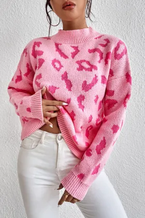 Pirouette Leopard Pattern Mock Neck Ribbed Trim Sweater