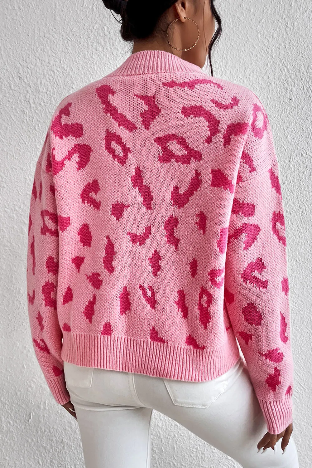 Pirouette Leopard Pattern Mock Neck Ribbed Trim Sweater
