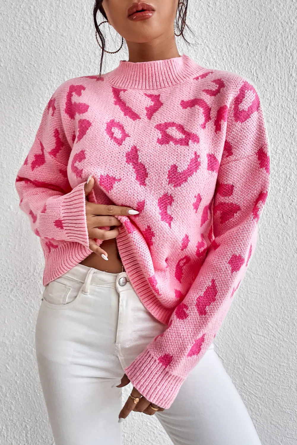 Pirouette Leopard Pattern Mock Neck Ribbed Trim Sweater