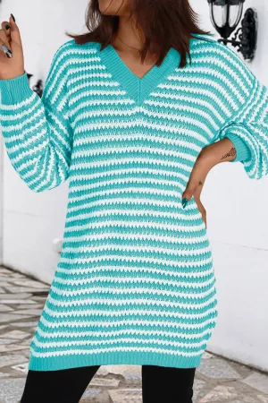 Plaid Striped Patchwork V Neck Long Sleeve Dresses
