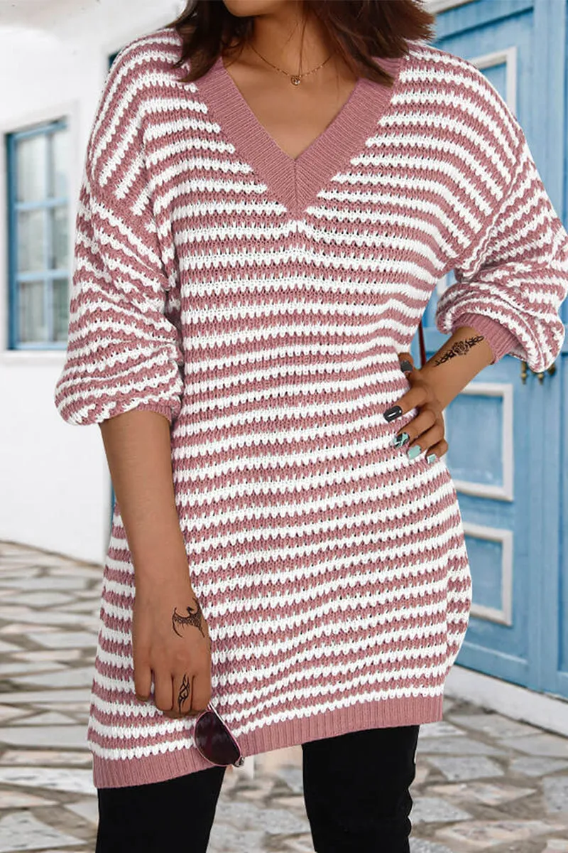Plaid Striped Patchwork V Neck Long Sleeve Dresses