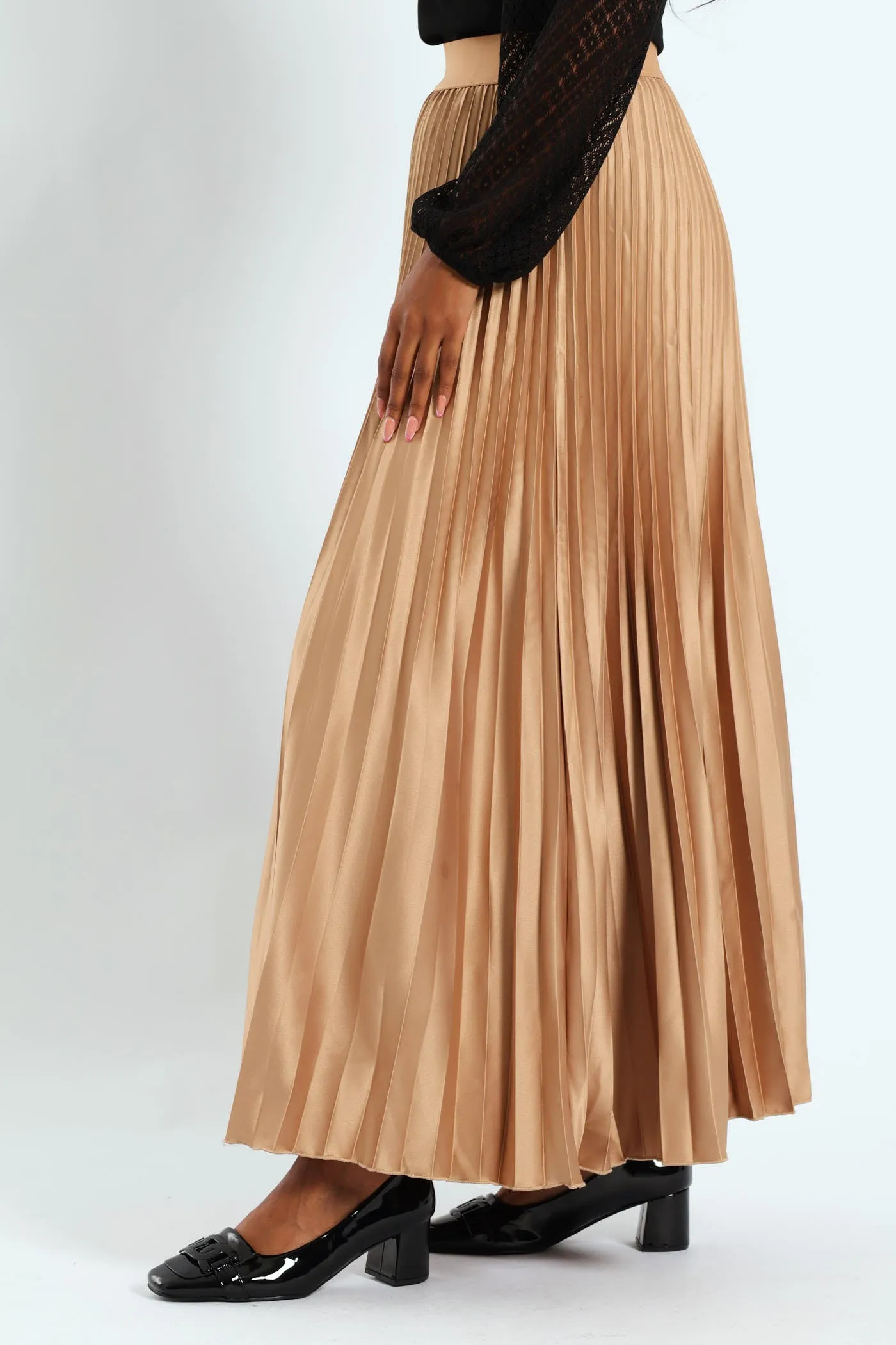 Pleated Satin Maxi Skirt - Taupe