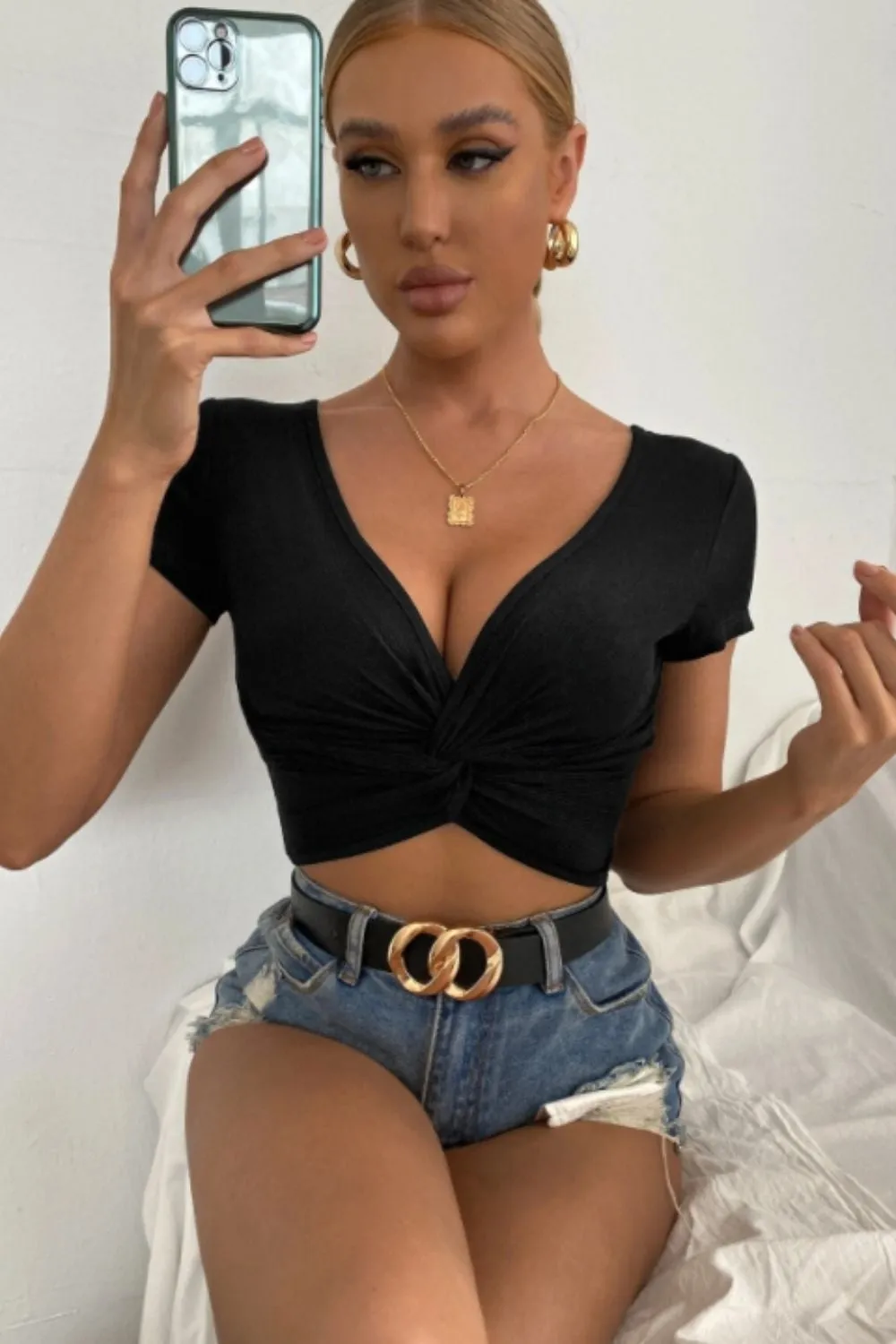 Plunge Neck Knot Front Crop Top