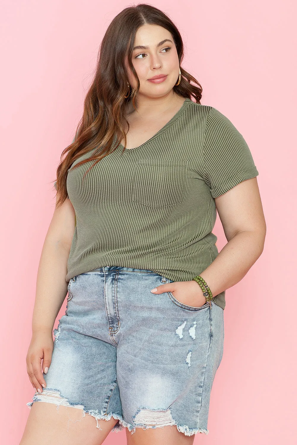 Plus Size Corded Patch Pocket Tee