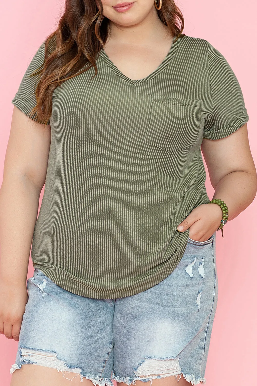 Plus Size Corded Patch Pocket Tee