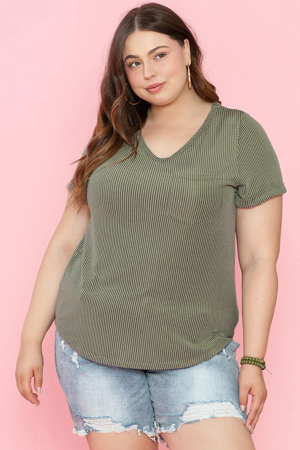 Plus Size Corded Patch Pocket Tee