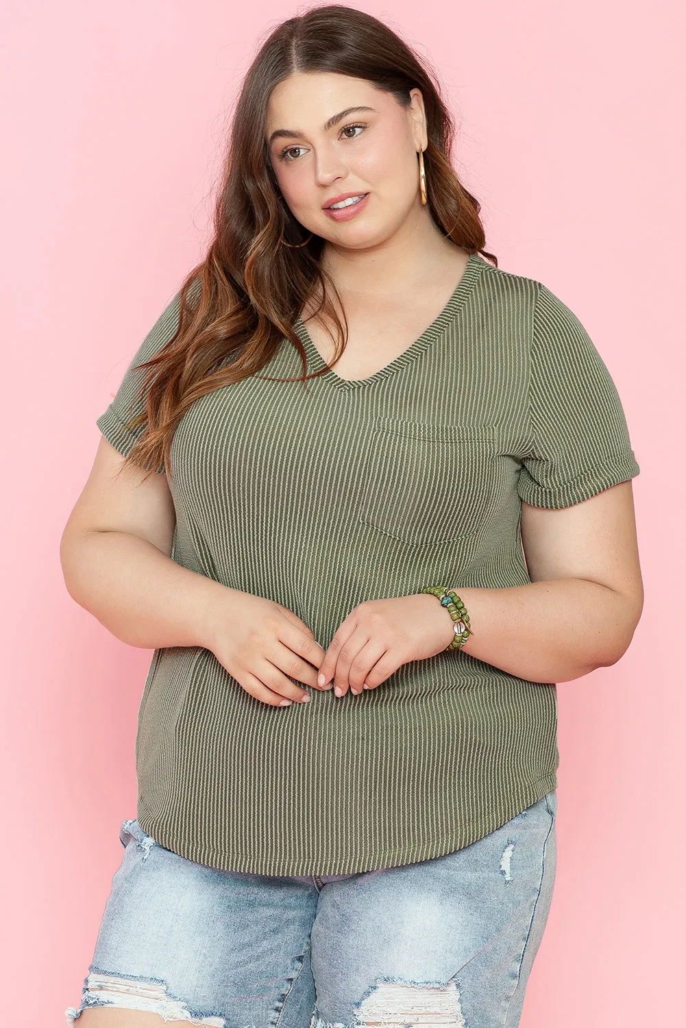 Plus Size Corded Patch Pocket Tee