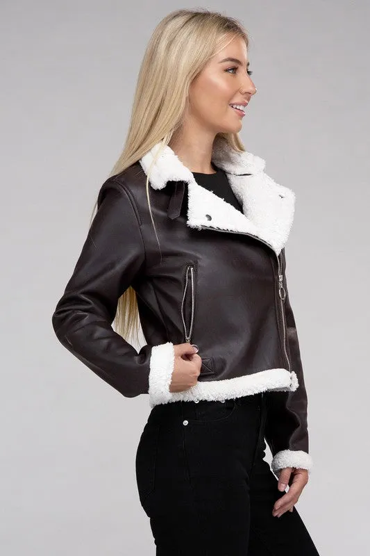 Plush Leatherette Moto Jacket