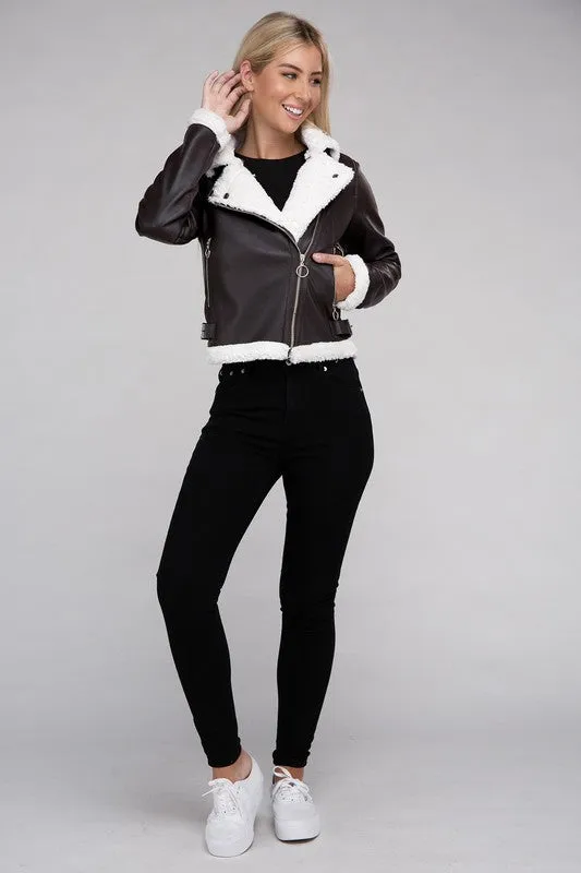 Plush Leatherette Moto Jacket