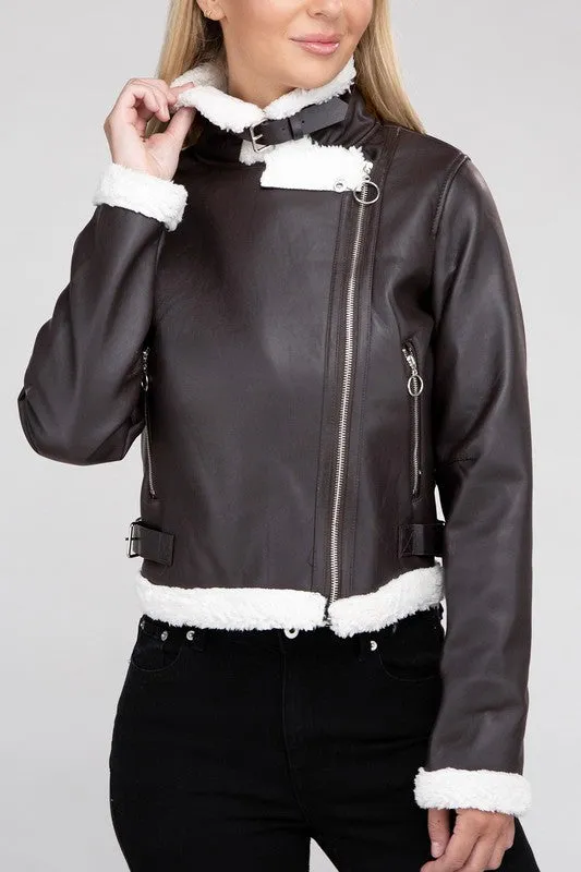 Plush Leatherette Moto Jacket
