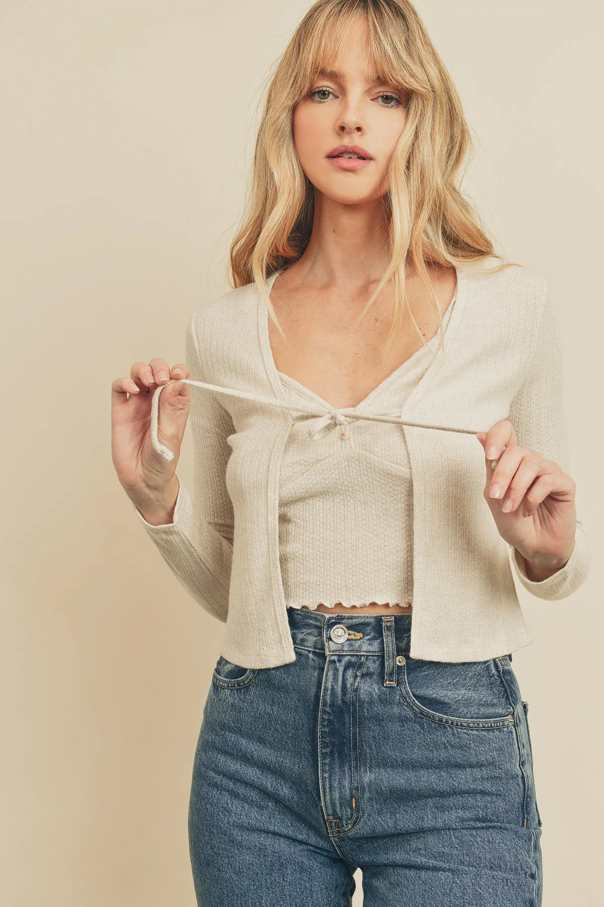 Pointelle Tie-Front Cami   Cardigan Set