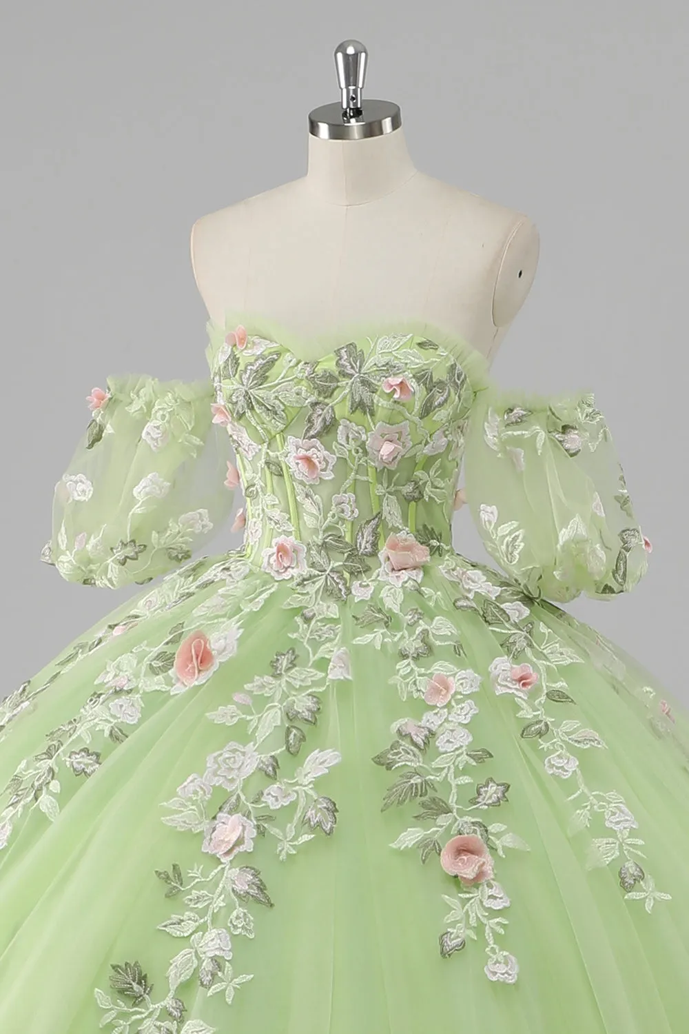 Princesa Limão Verde Tule Vestido de Bola Vestido Longo Quinceanera com Apliques