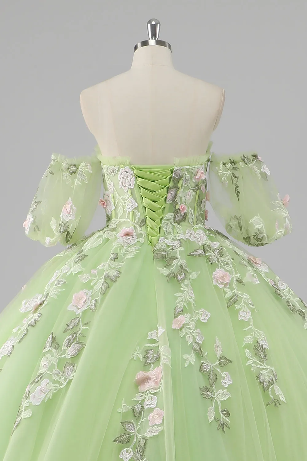 Princesa Limão Verde Tule Vestido de Bola Vestido Longo Quinceanera com Apliques