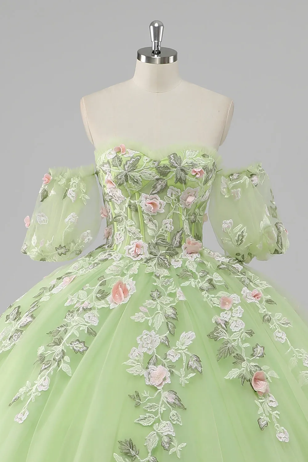 Princesa Limão Verde Tule Vestido de Bola Vestido Longo Quinceanera com Apliques