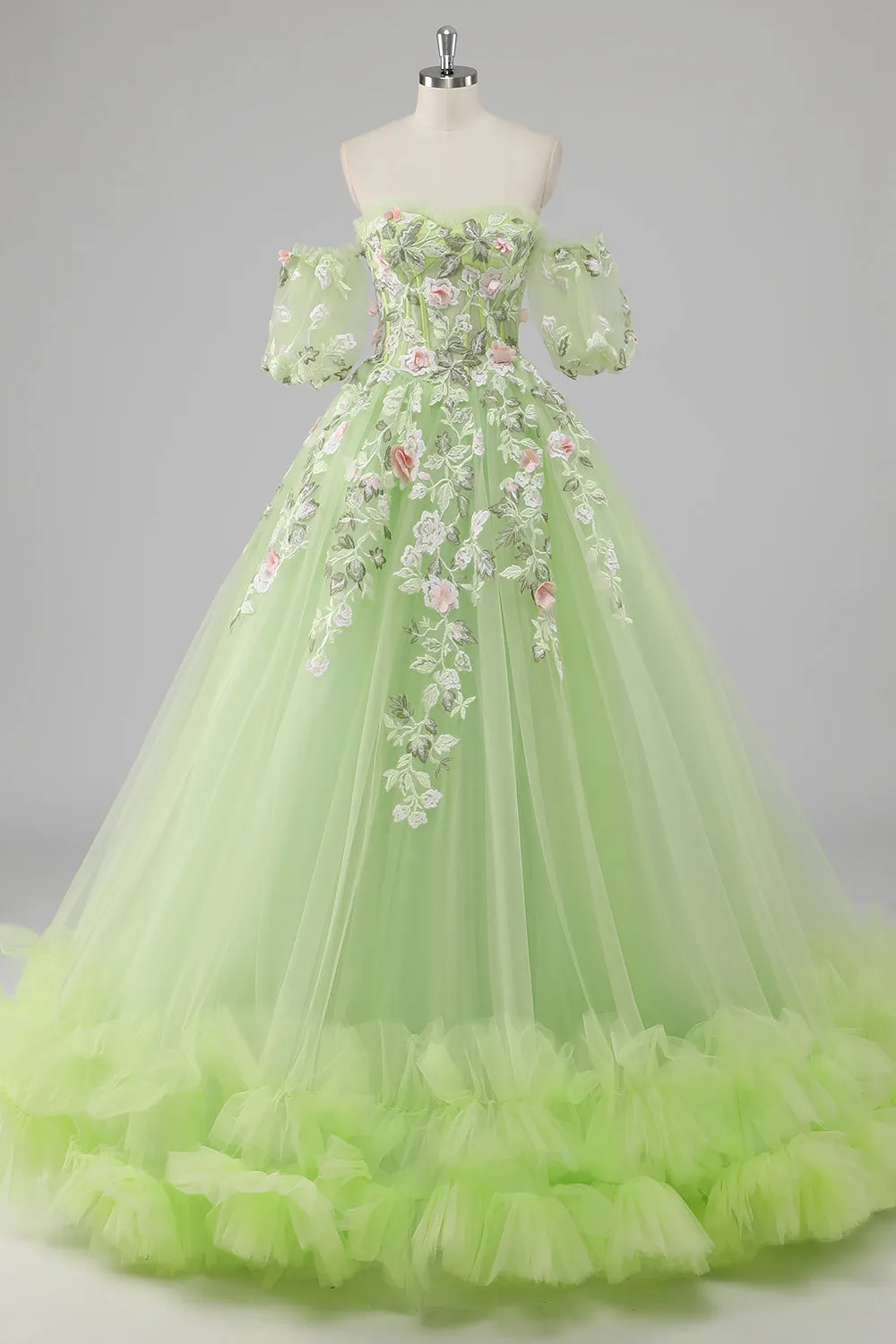 Princesa Limão Verde Tule Vestido de Bola Vestido Longo Quinceanera com Apliques