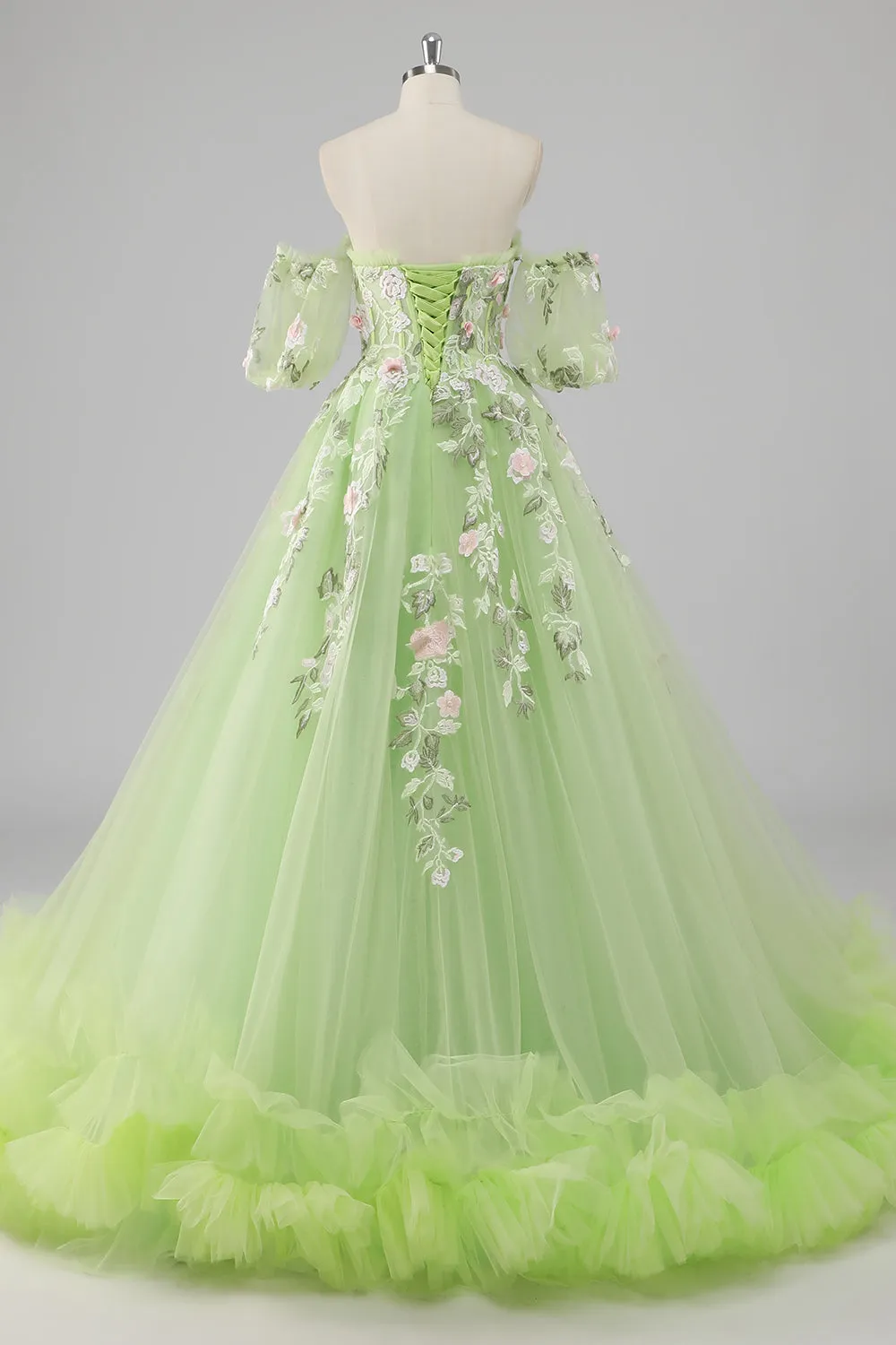Princesa Limão Verde Tule Vestido de Bola Vestido Longo Quinceanera com Apliques