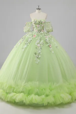 Princesa Limão Verde Tule Vestido de Bola Vestido Longo Quinceanera com Apliques