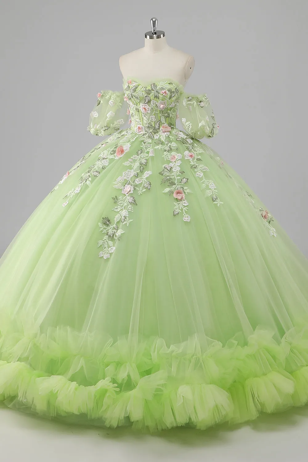 Princesa Limão Verde Tule Vestido de Bola Vestido Longo Quinceanera com Apliques