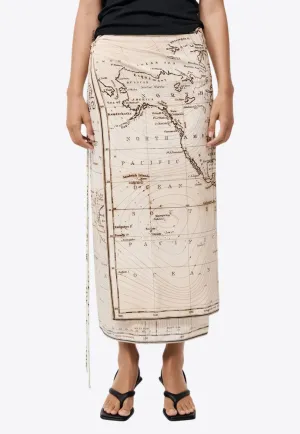 Printed Map Silk Midi Wrap Skirt