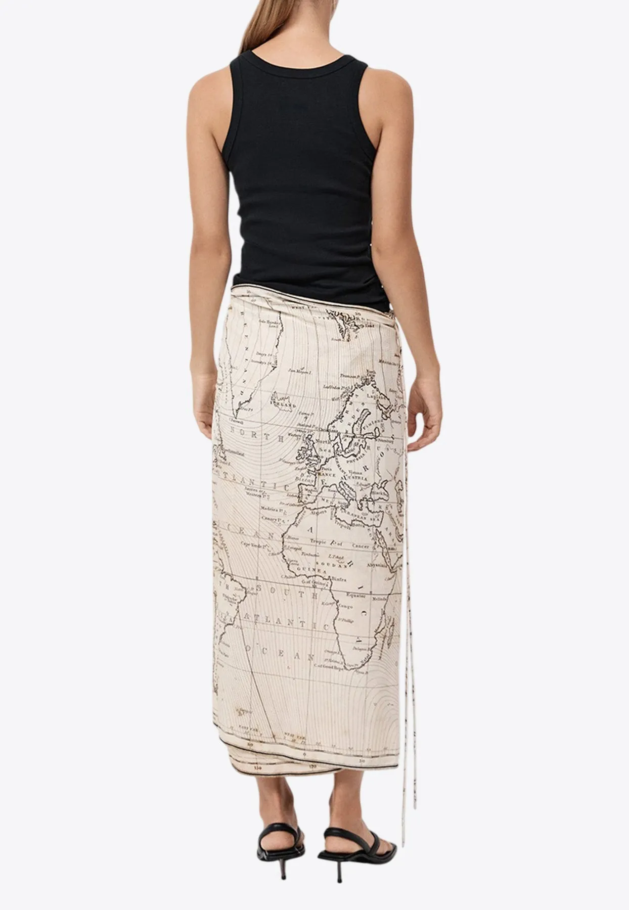 Printed Map Silk Midi Wrap Skirt