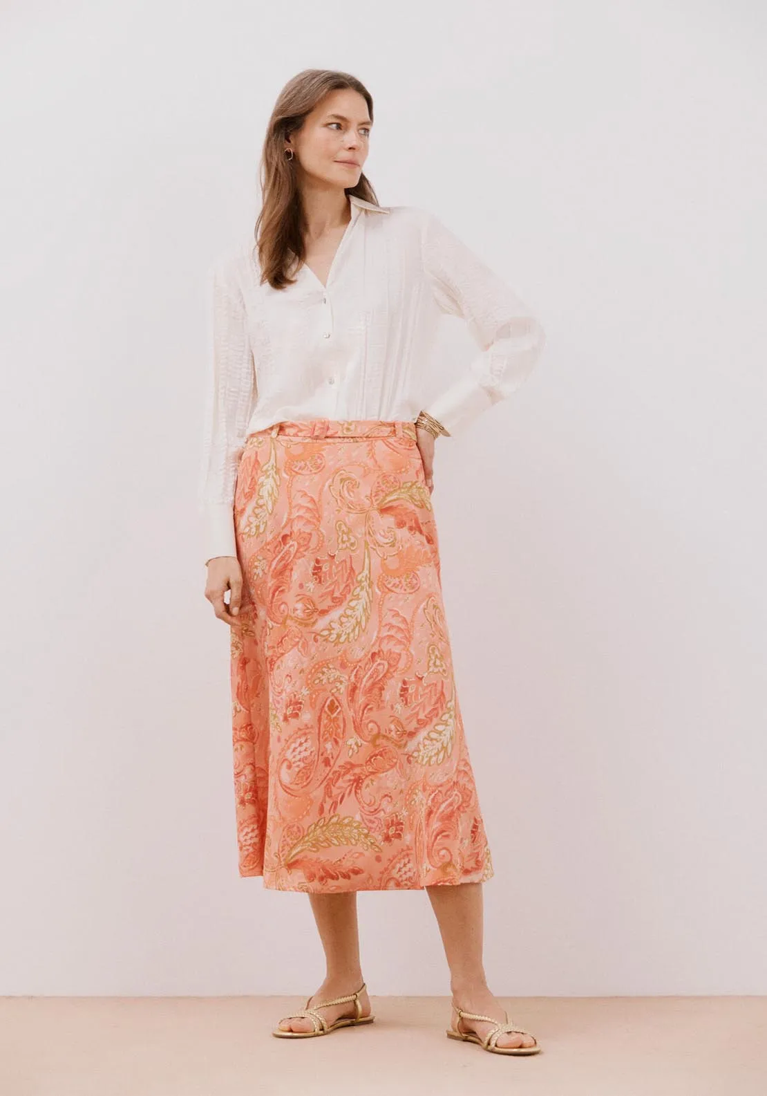 Printed Satin Skirt - Coral