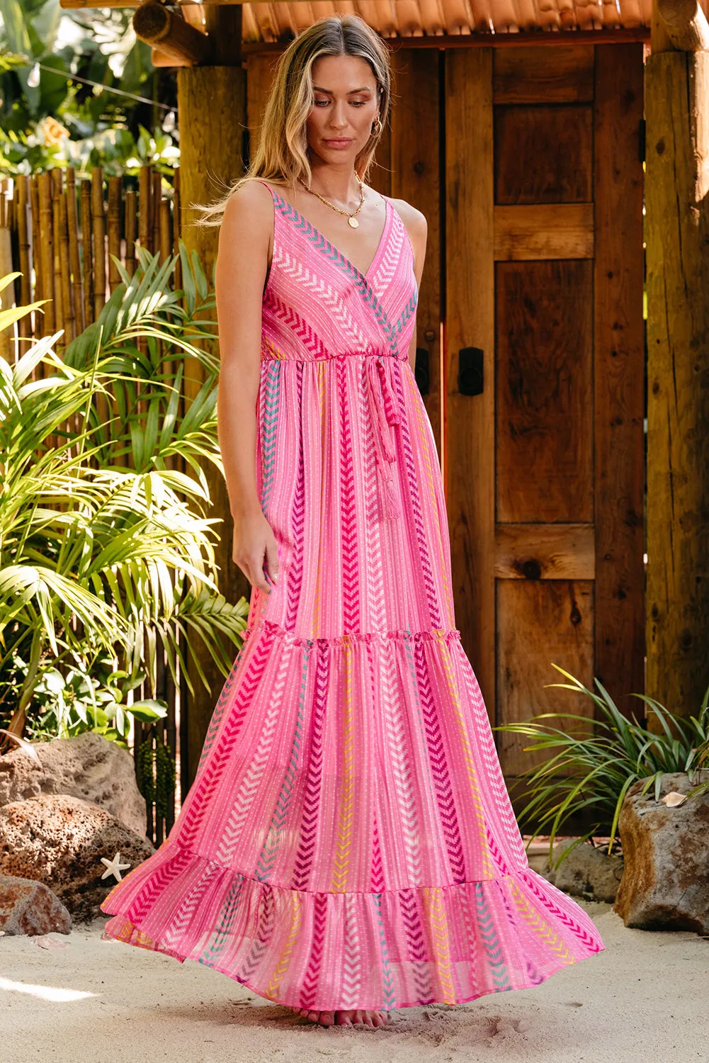 Printed Tassel Tie V Neck Wrap Maxi Dress