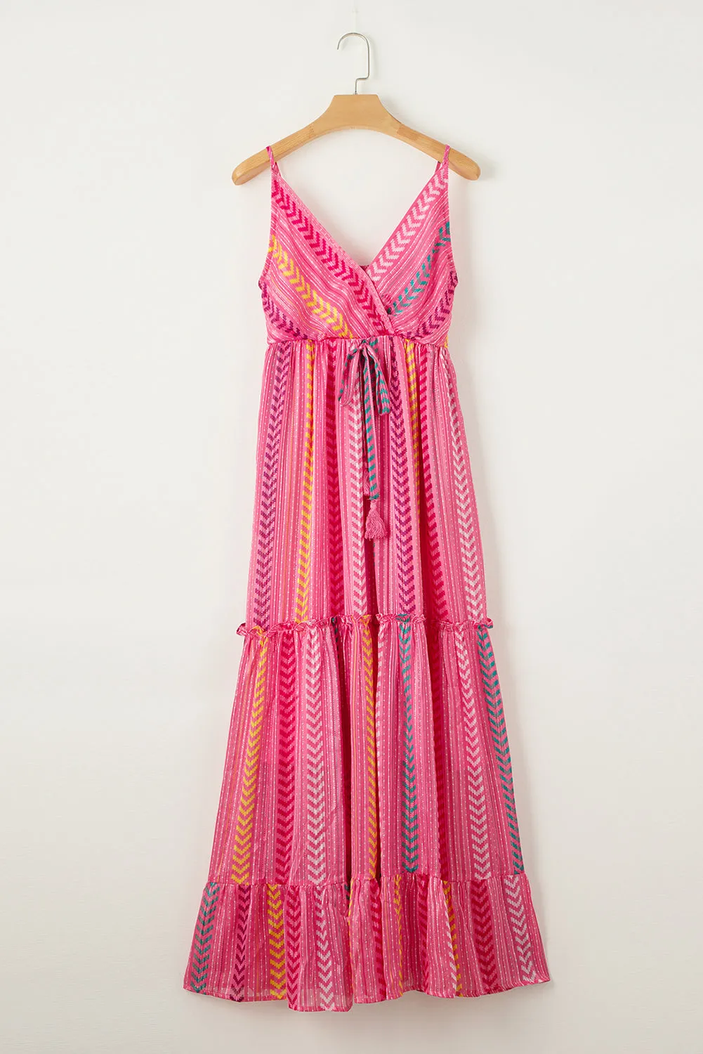 Printed Tassel Tie V Neck Wrap Maxi Dress