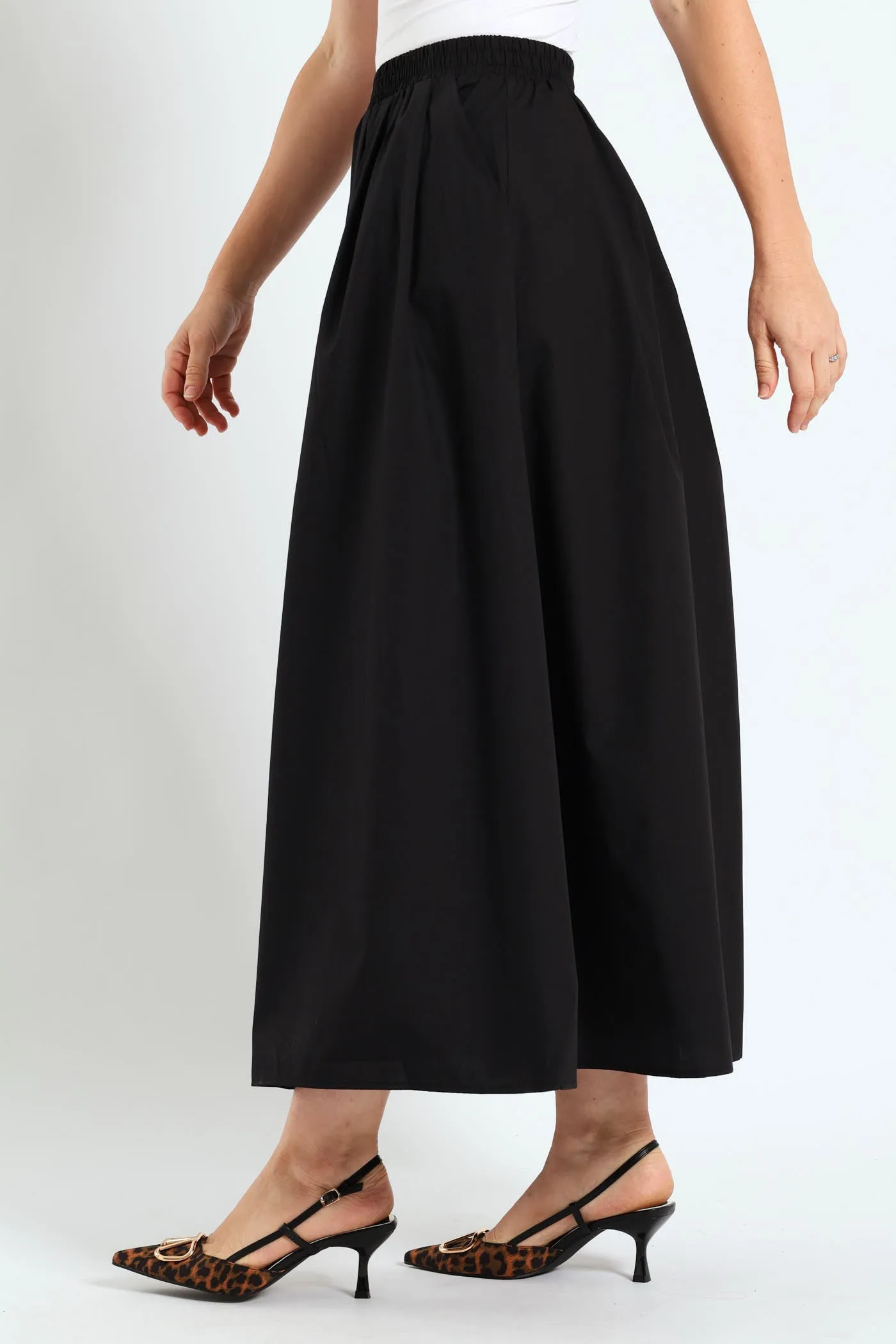 Pull-On Poplin Midi Skirt - Black
