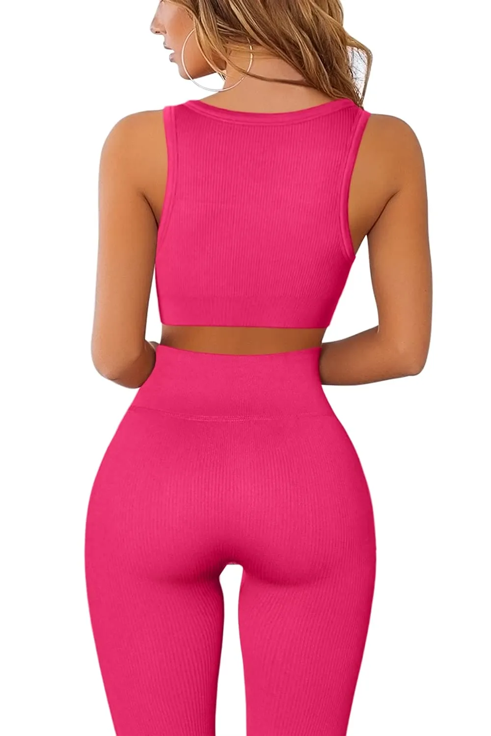 QINSEN Workout Outfits for Women 2 Piece Ribbed Seamless Crop Tank High Waist Yoga Leggings Sets Rosy Red