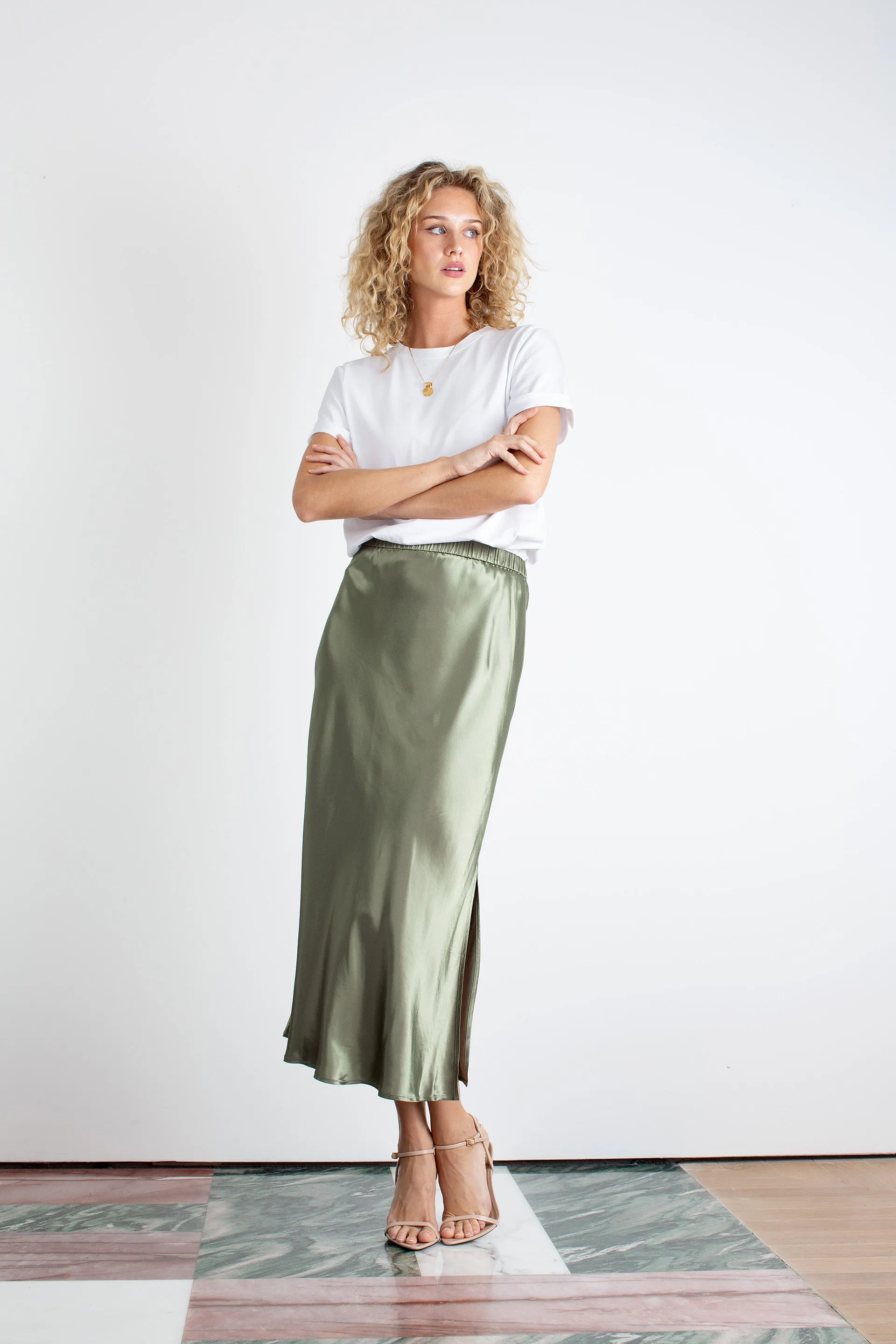 "The Orla" - Satin Midi Skirt (Pistachio)