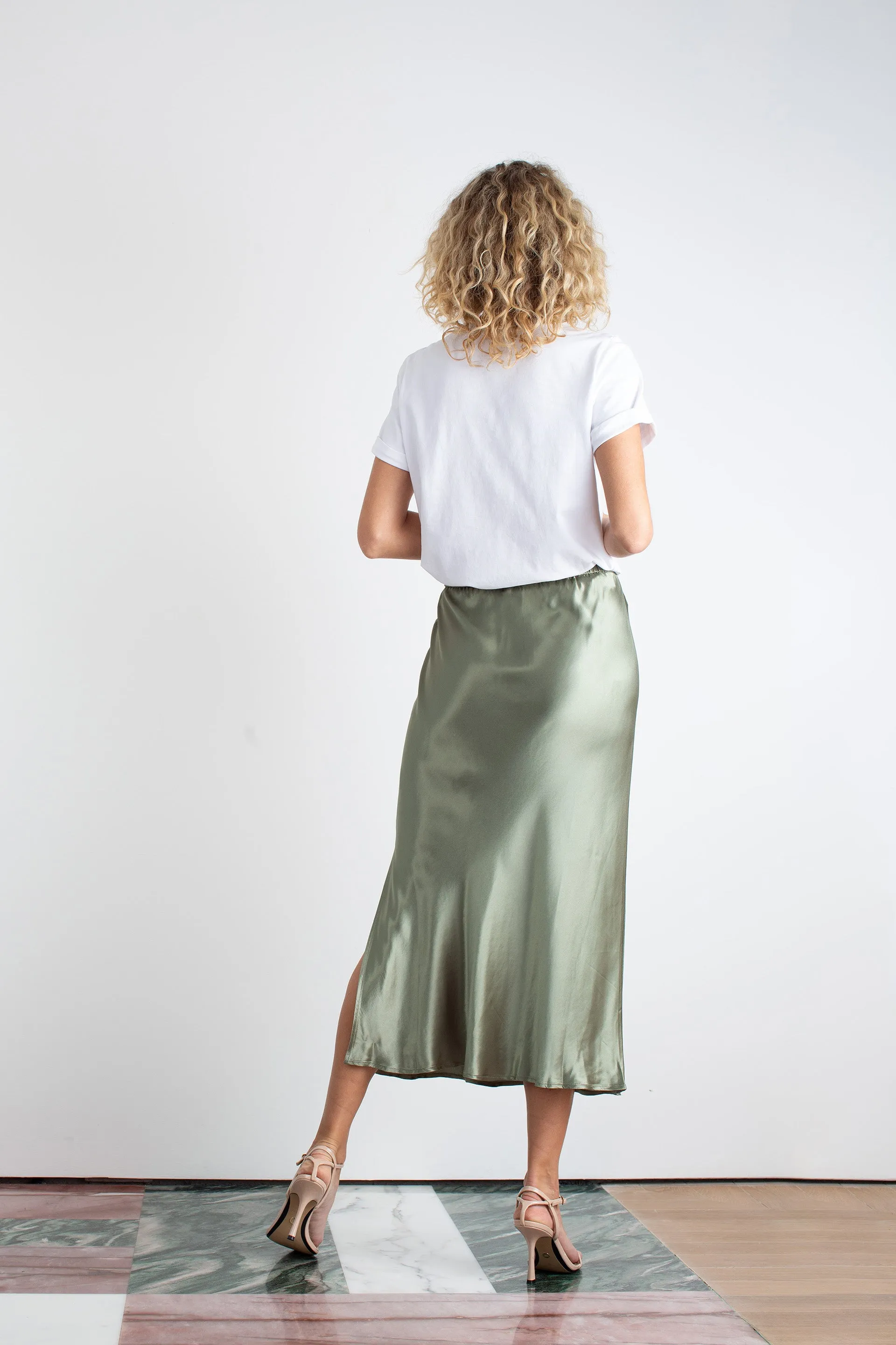 "The Orla" - Satin Midi Skirt (Pistachio)