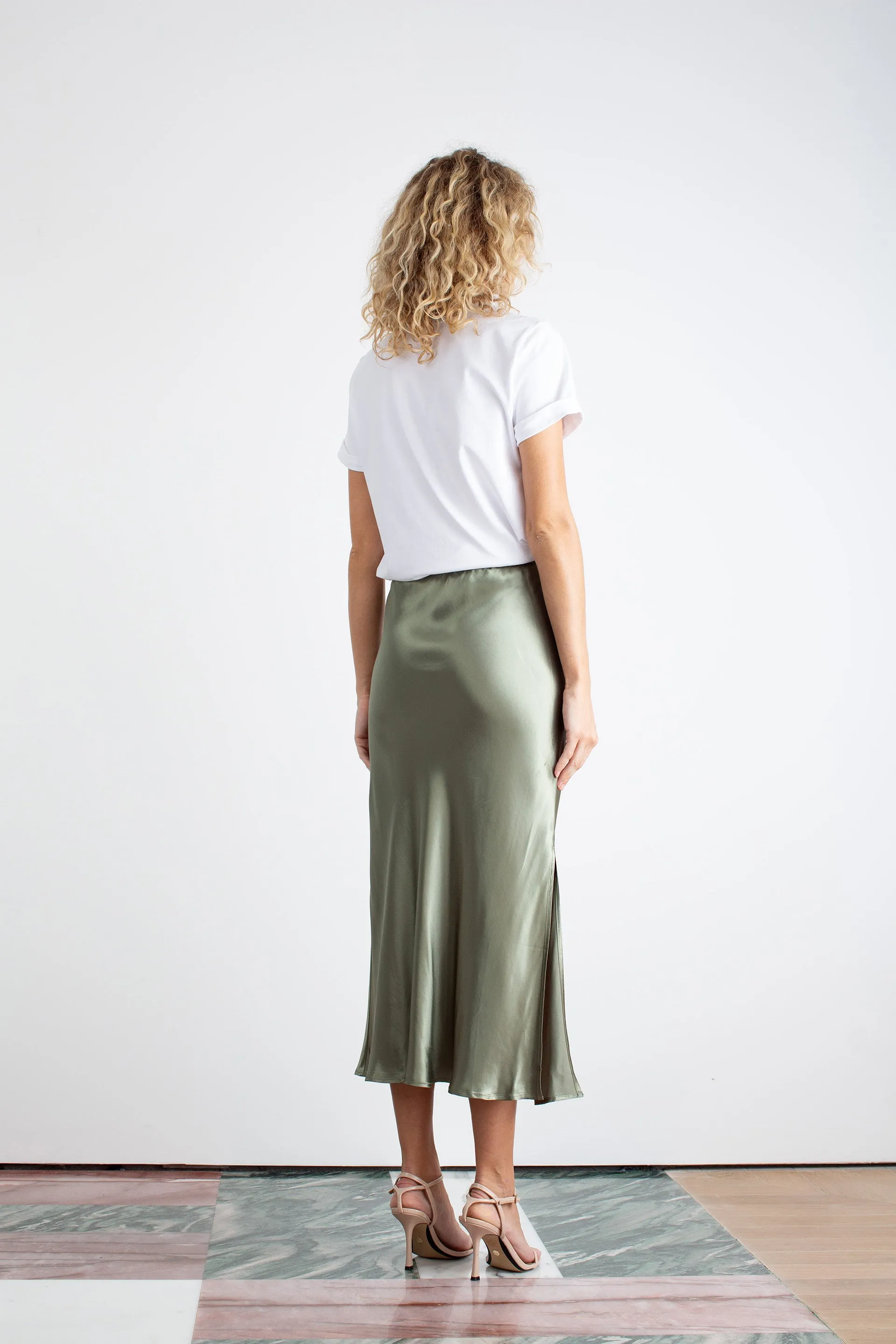 "The Orla" - Satin Midi Skirt (Pistachio)