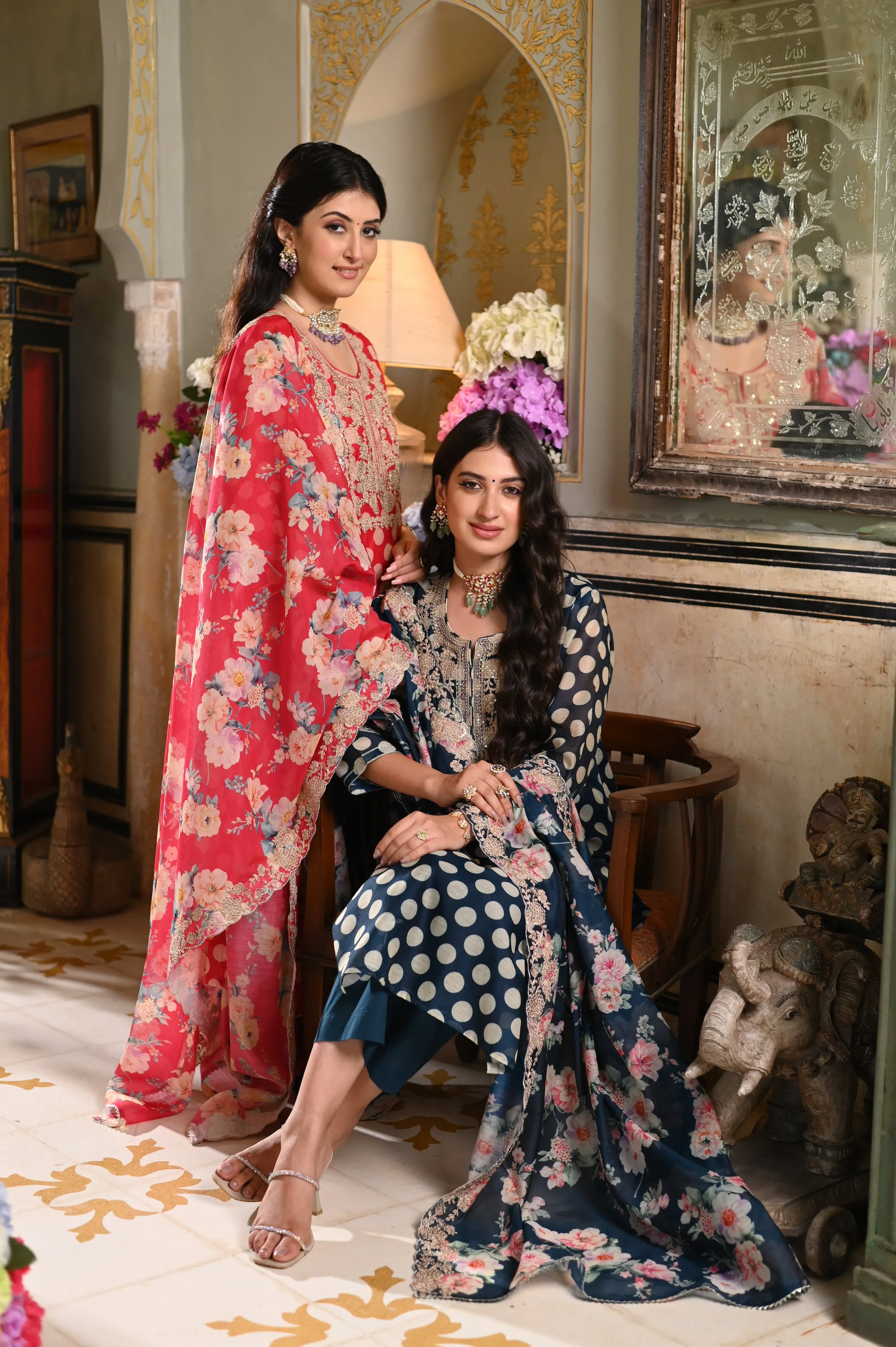 Redish Pink Polka Dot Chanderi Suit Set with Cut Work Dupatta and Marodi Work