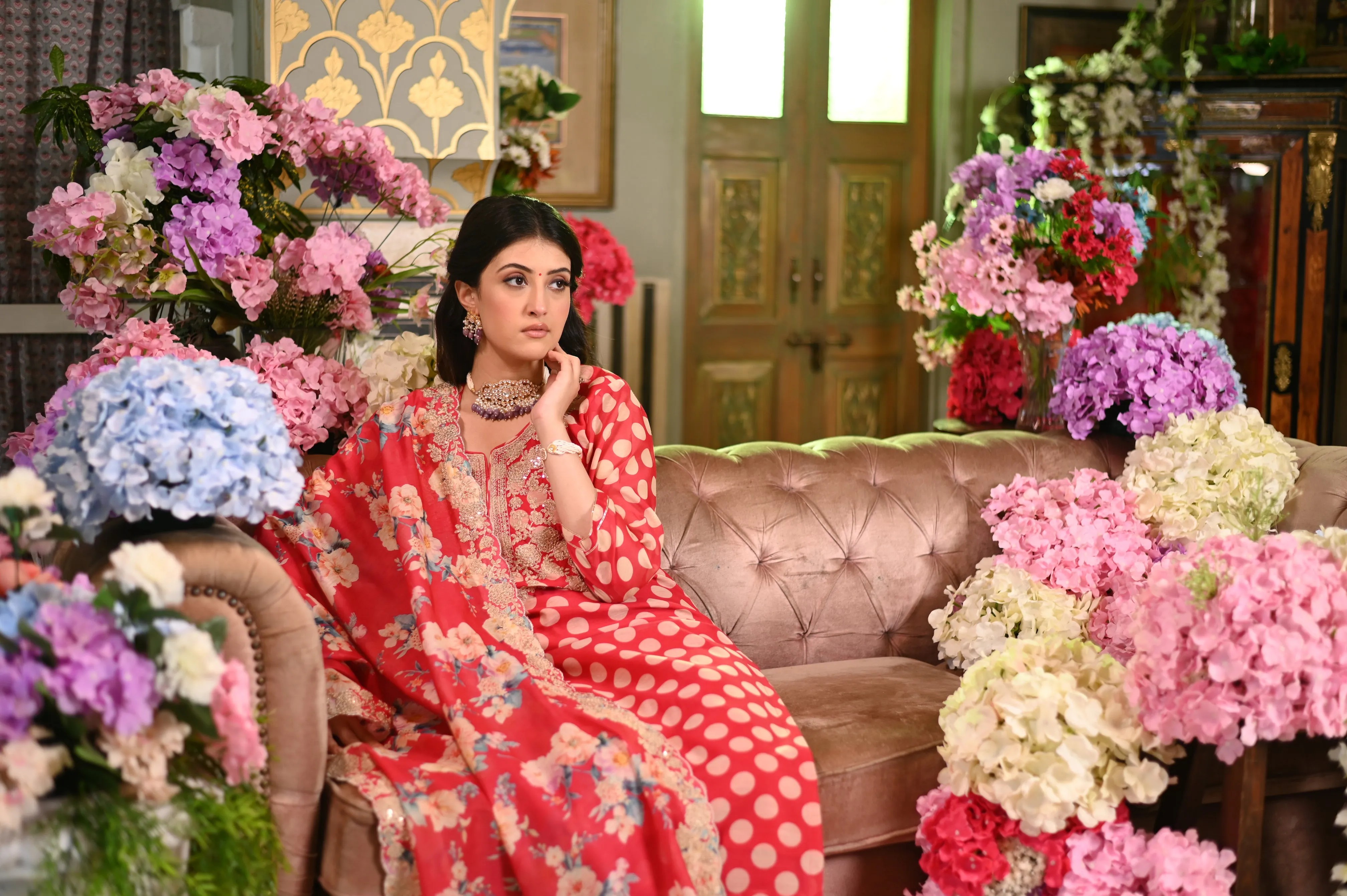 Redish Pink Polka Dot Chanderi Suit Set with Cut Work Dupatta and Marodi Work