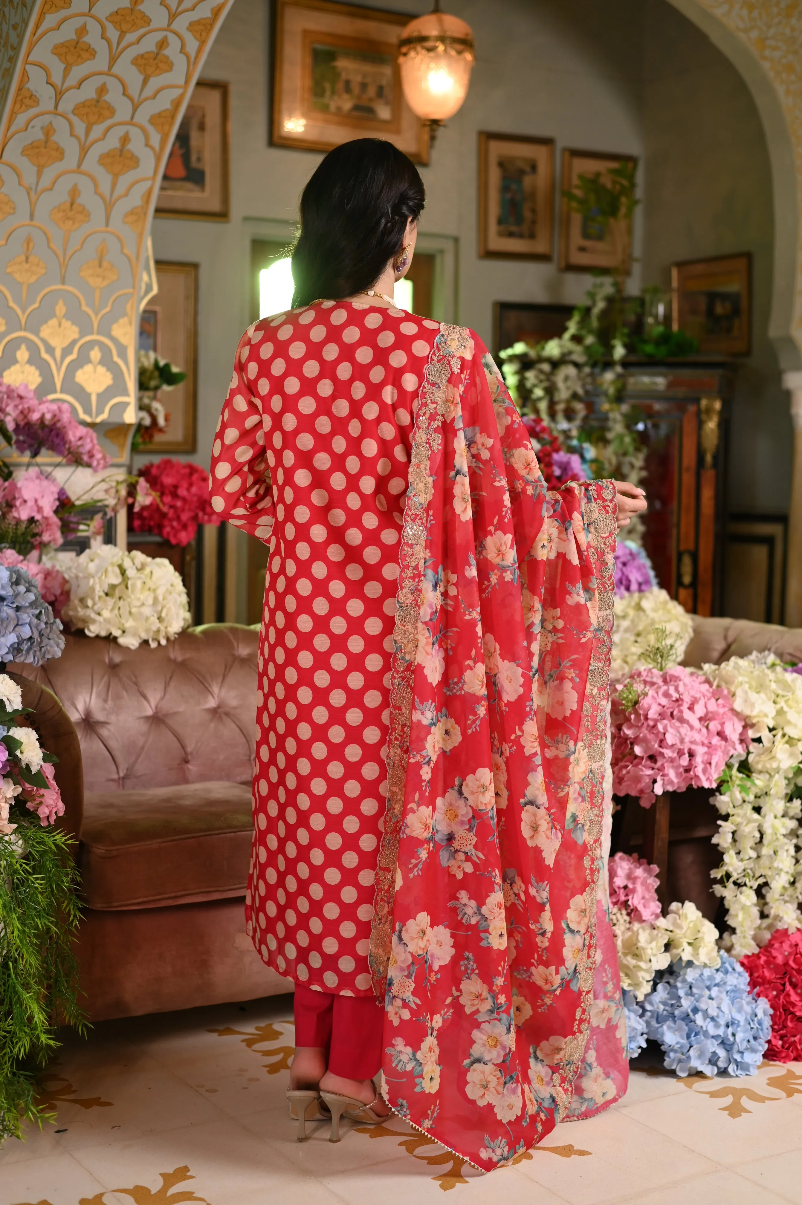 Redish Pink Polka Dot Chanderi Suit Set with Cut Work Dupatta and Marodi Work