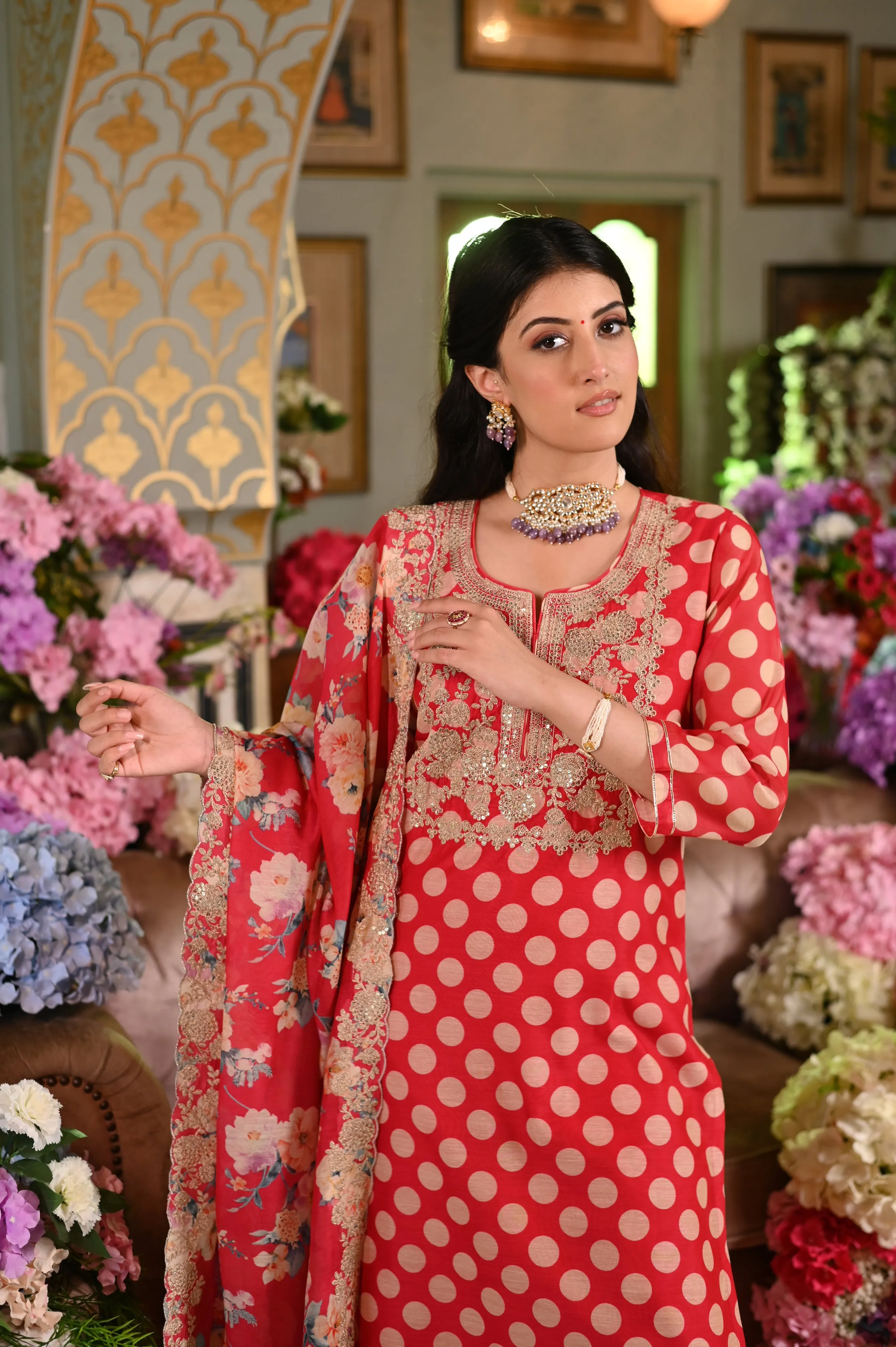 Redish Pink Polka Dot Chanderi Suit Set with Cut Work Dupatta and Marodi Work